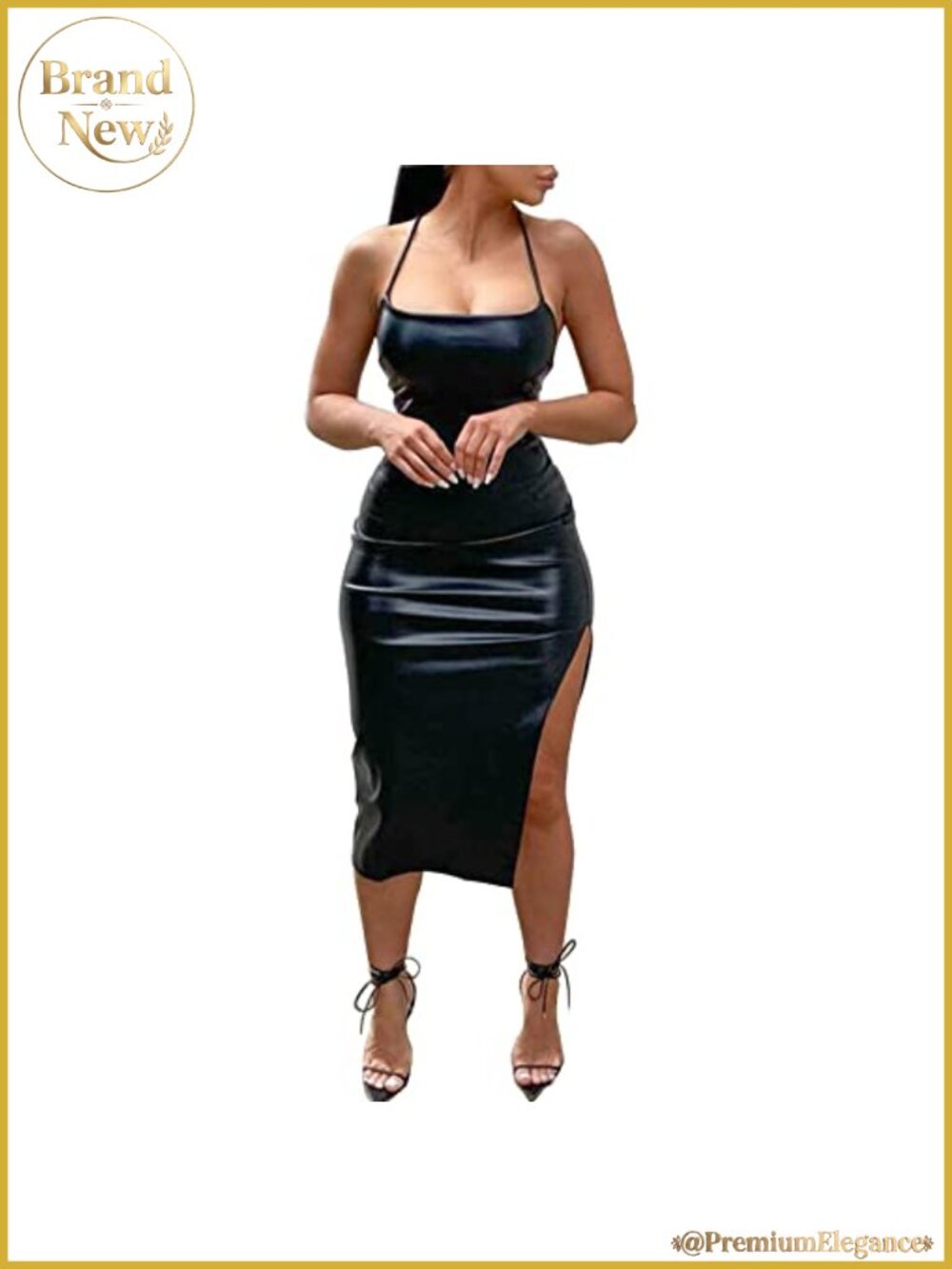 Faux Leather Bodycon Midi Dress Sleeveless Backless Party